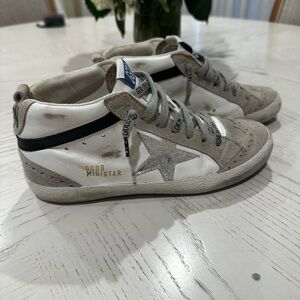 Golden Goose Mid Star Sneakers in White, Gray, and Silver